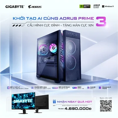 PC GIGABYTE AORUS PRIME 3 (AP3A5N6T-5113) (AP351) AMD Ryzen 5 9500F/16G/D5/1TB SSD/WF7/BT/8G RTX 5060 Ti/ARGB-Air-Cooler/650W/W11H/3Y/Đen (Quà tặng màn hình Gigabyte G27Q20T)