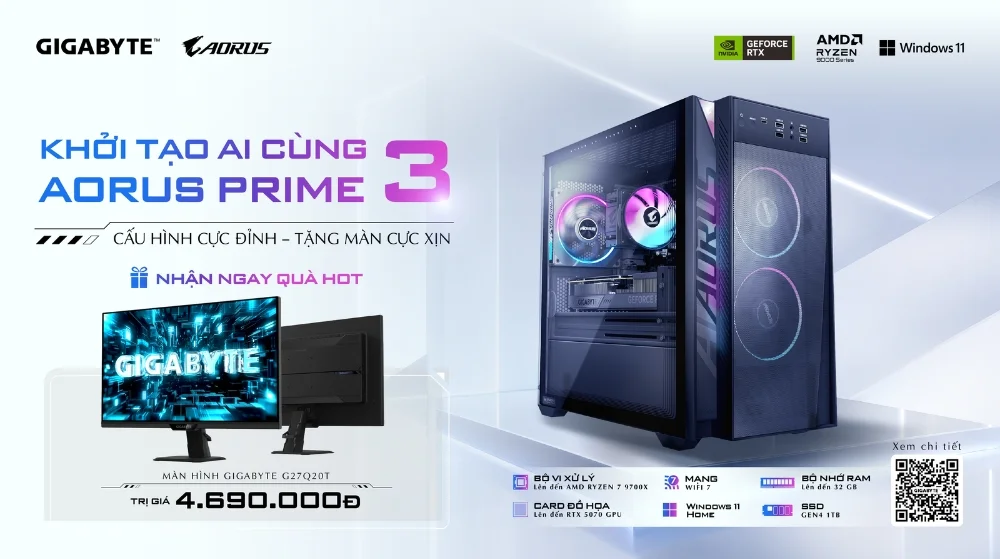 GIGABYTE AORUS PRIME 3 (AP3A7N7-5100) (AP351) AMD Ryzen 7 9700X/32 GD5/1TB SSD/WF7/BT/12G RTX 5070/ARGB-Air-Cooler/650W/W11H/3Y/ÐEN
